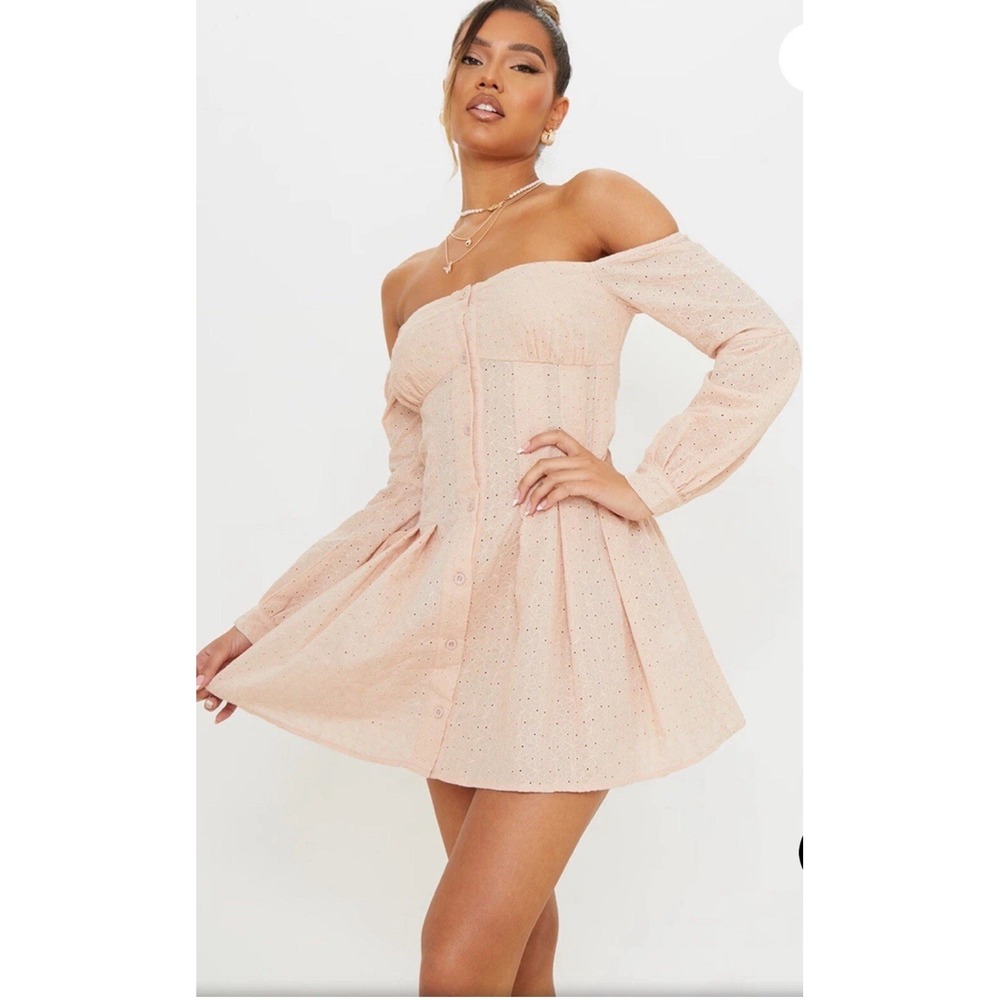 Pretty Little Thing Size 16 Embroidered Anglaise Pleated Bardot Shift Dress